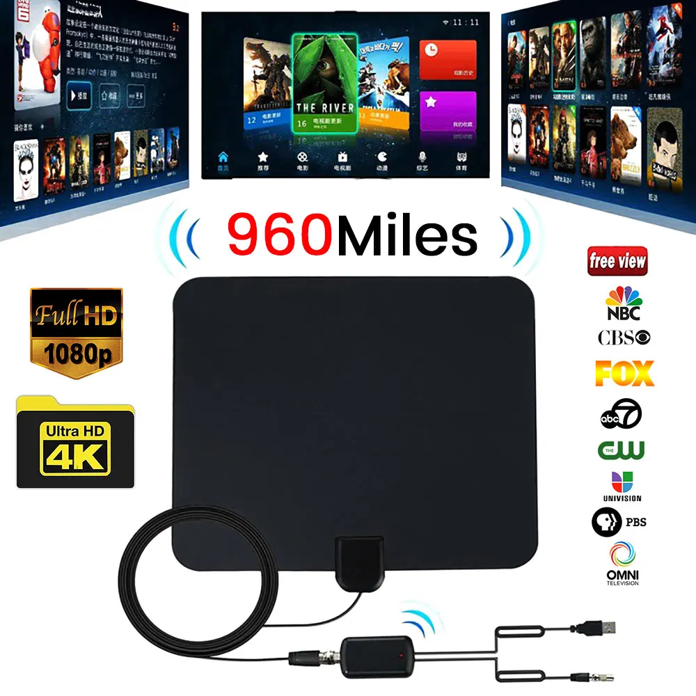 Цифровая ТВ-антенна HD радиус действия 960 миль комнатное усиление с 4K HD1080P DVB-T