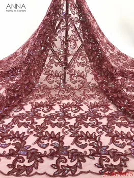 

Anna wine red french sequins lace fabric high quality embroidery nigerian net laces african tulle fabrics 5 yards/pcs for sewing