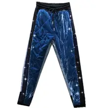 Новое поступление Осень Зима Новая мода эластичный пояс для женщин золото бархат толстый сшивание блесток джинсовые шаровары