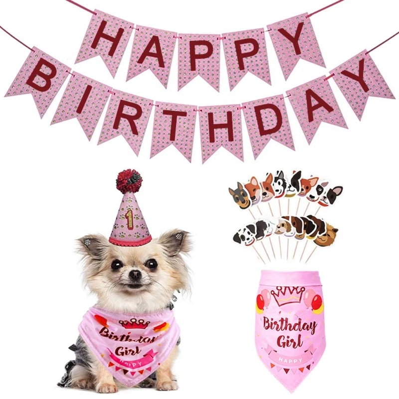 

Pet Birthday Banners Dog Hat Scarfs Set Cute Doggie Birthday Bandana Cake Insert Flag Party Supplies Celebration Theme Party Dec