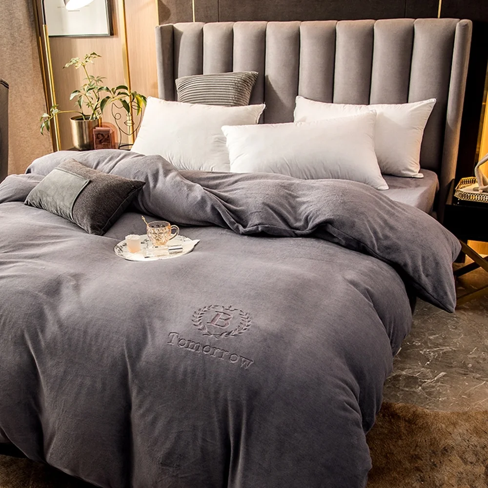 Home Textiles Light Gray Winter Flannel Quilt Cover Soft Worm Coral Fleece Comforter Thickening Warm Duvet Bedding | Дом и сад