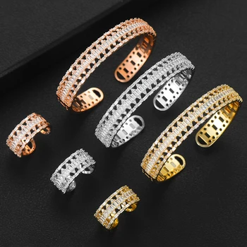 

SISCATHY Exquisite Shiny New Hot Clear AAA CZ Open Bouncy Bangle Ring Jewelry Set for Women Bridal Wedding Jewelry Accessories