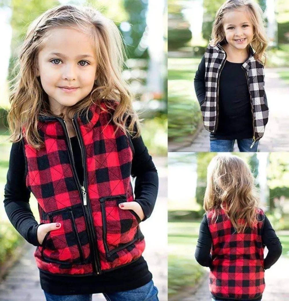 Autumn Winter Coat Toddler Baby Girl Winter Clothes Plaid Zipper Coat Tops Jacket Waistcoat 1-6T