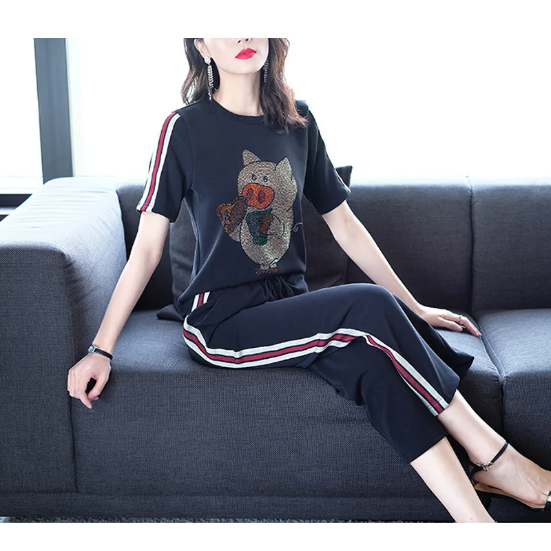 

Summer Black And White with Pattern Casual Large Size Short Sleeve Sports Clothing Beads Sequin Loose Pants Set Hoodie Pants Two