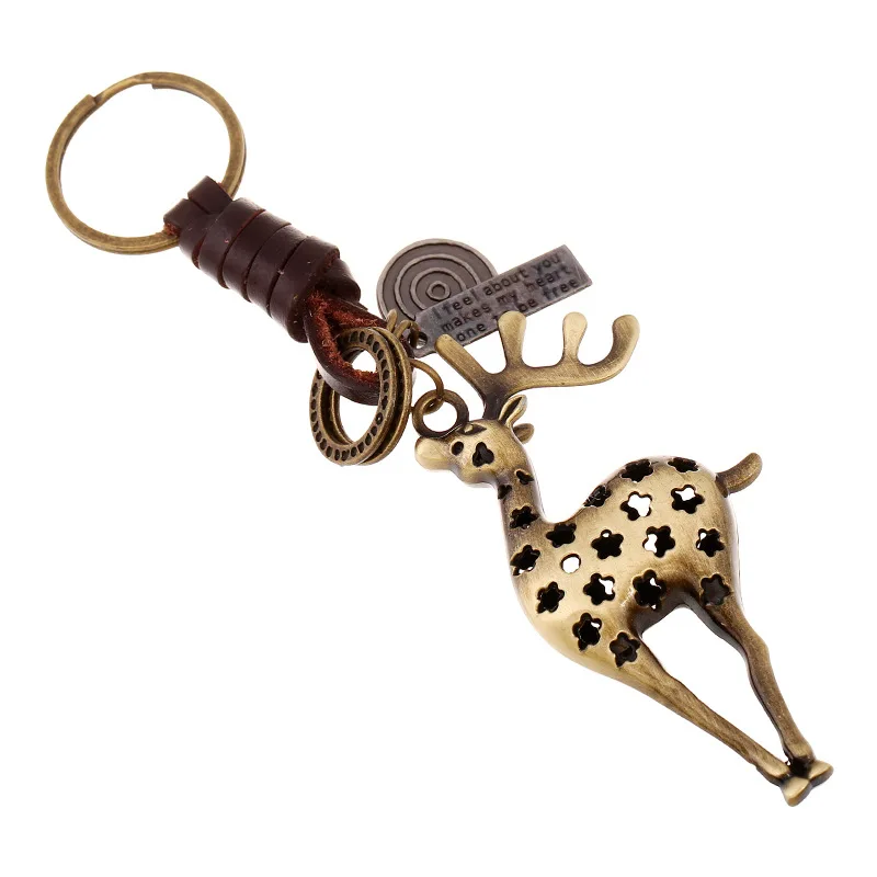 

Creative Keychain Small Gifts Alloy Deer Retro Weaving Cattle-leather Key Ring Key Chain Backpack Pendant