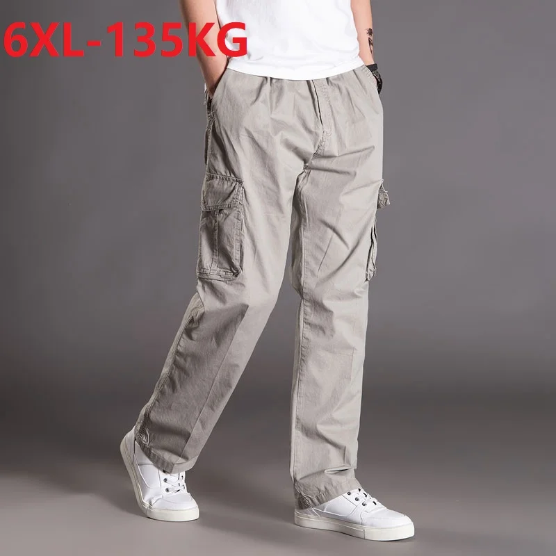 

spring winter Men cargo pants plus size 6XL safari style pockets cotton straight pants outdoor loose big size pants gray black