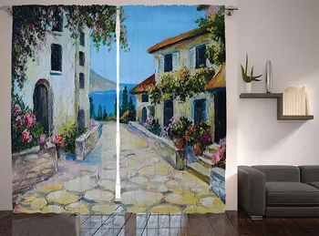 

Lakehouse Decor Collection Vintage Houses in an Ancient Village near Sea with Colorful Plants Around Oil Painting Living Room