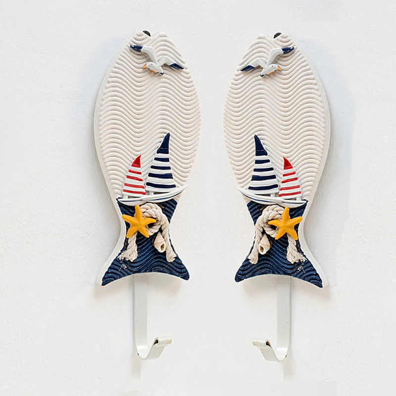

Mediterranean Style Fish Boat Shaped Wall Hooks Living Room Hanging Decoration Nautical Decor 2Pcs