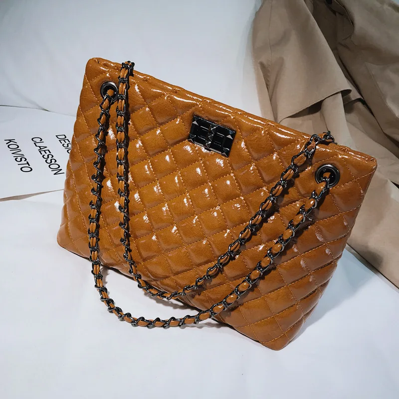 

Europe And America Style Stereo Oil Wax Leather Generous Bag Rhombus Large-Volume Lock Shoulder Oblique WOMEN'S Bag