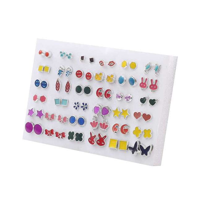 Randomly Mixed Silver Color Women Butterfly Bowknot Flower Heart Small Plastic Stud Earrings Sets For Girl Jewelry Part