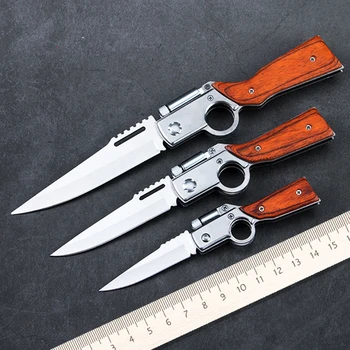 

12pcs/lot, High quality AK47 Type Knife Folding Pocket Knife 440 Blade Wood Handle Outdoor EDC Tool + LED Light