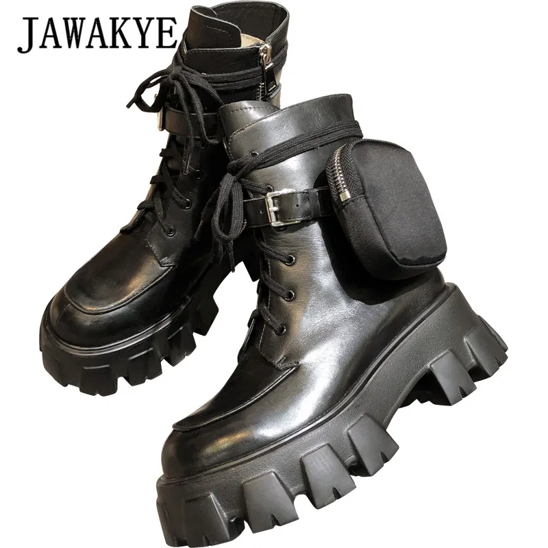 Ботильоны женские на шнуровке толстая подошва монолитный дизайн кожаные с