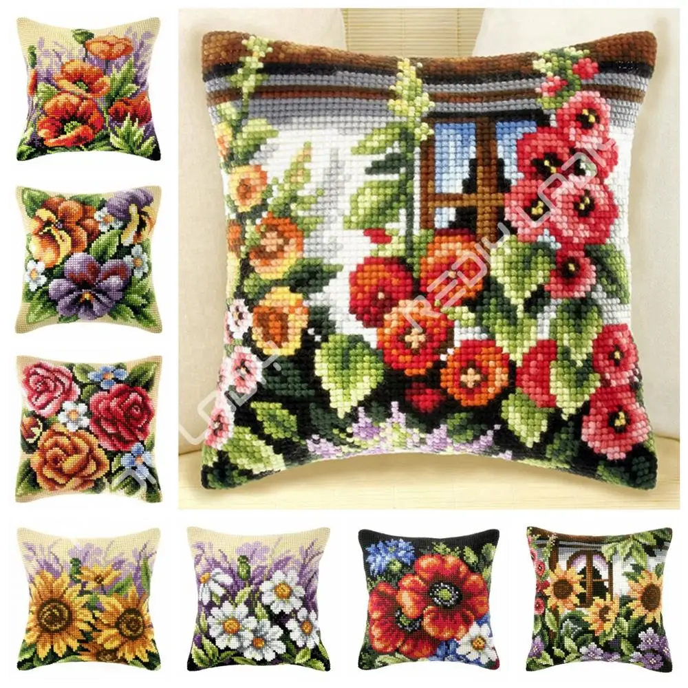 

Cross Stitch Cushion Front Poppy Tulips Dahlias Pillow Chunky Cross-Stitch Kits 100% Acrylic Yarn Pillow Case Sofa Decor Crafts