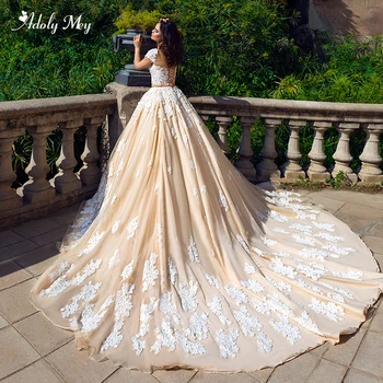 

Adoly Mey Gorgeous Appliques Chapel Train Ball Gown Wedding Dresses 2020 Charming O-Neck Lace Up Princess Bridal Gown Plus Size