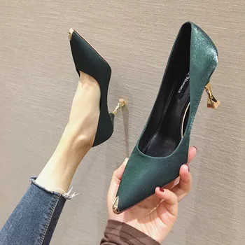 

Women High Heels 2020 Pointed Toe Pumps Stiletto Heels Metal Decoration Office High Heel Shoes Women Silk Heels 7 Cm