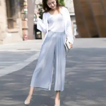 

2019 Autunm Korean Nine High Waist Chiffon Pants Solid Wide Leg Elastic Waist Pants Female Loose Pleated Trousers