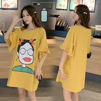 

New Style Korean-style Loose-Fit Crew Neck Fun Printed T-shirt Pregnant Women Dress