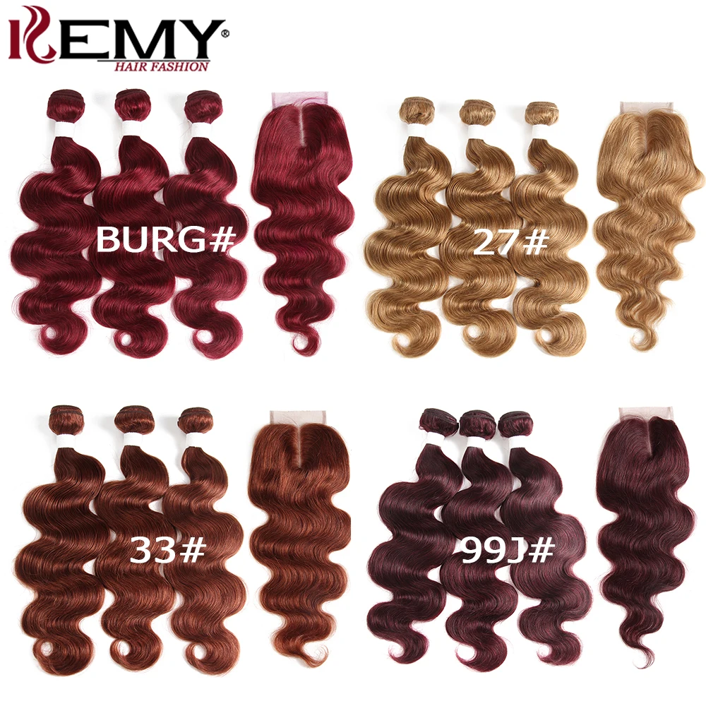 Ceny Brązowy Auburn wiązki ludzkich włosów z zamknięciem 4x4 KEMY włosów 3 sztuk brazylijski ciało fala ludzkie włosy splot wiązki nie Remy włosy