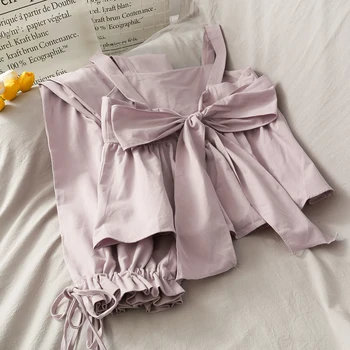 

2020 Summer Bow Casual 2 Piece Set Chic Korean Style Tank Tops+high Waist Drawstring Pants Female Sets Purple Yellow Black