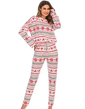 

2020 New Winter Women's Sleep Top, Christmas Shorts Suit, Round Collar Snowflake Elk Print Loose Elastic Home Clothes