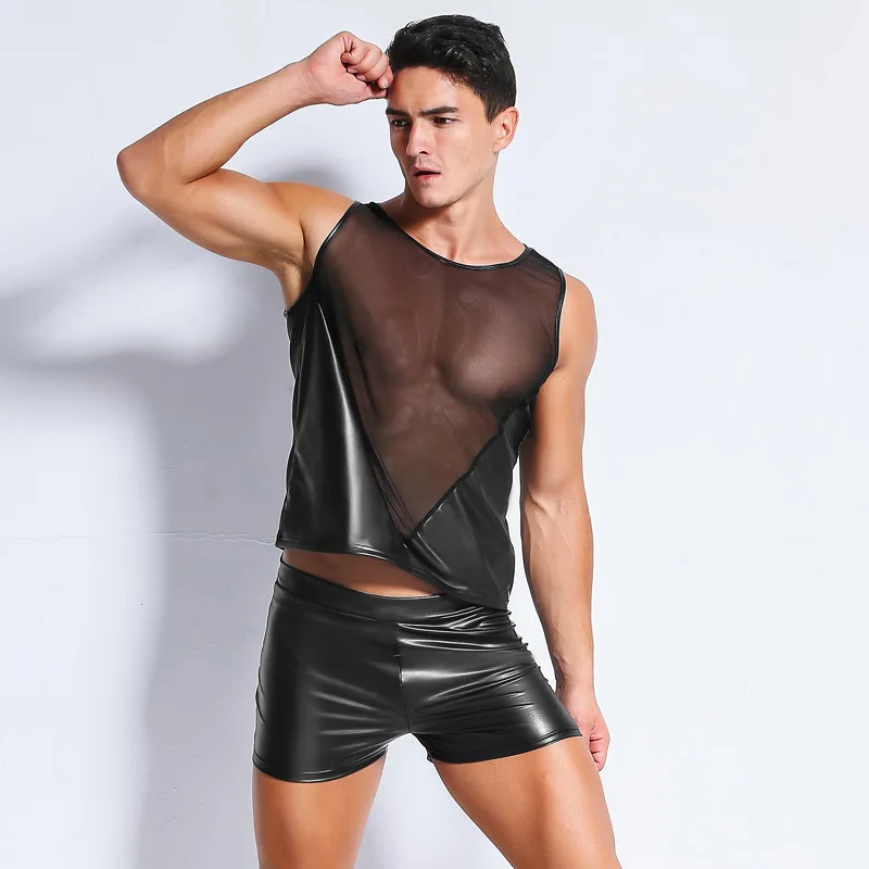 Mens Black Sexy Wetlook See Through Mesh T-shirts Male Sleeveless Patent Leather Patchwork T-shirt Top Party Nightclub Costumes lace bodysuit lingerie