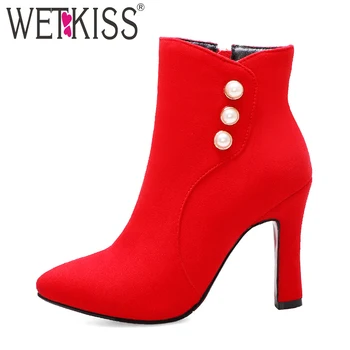 

WETKISS Pearl Ankle Boots Women High Heels Booties Shoes Female Flock Pointed Toe Shoes Ladies Zip Wedding Shoes Winter 2020 New