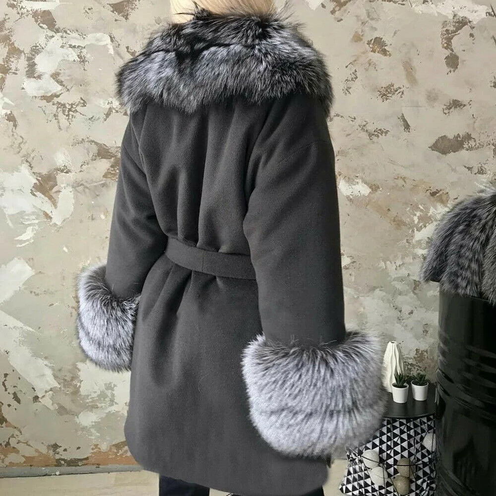 Women Fashion Wool Blends Coat with Silver Fox Fur Long Collar Natural Full Pelt Genuine Fox Fur Cashmere Long Coats Outwear