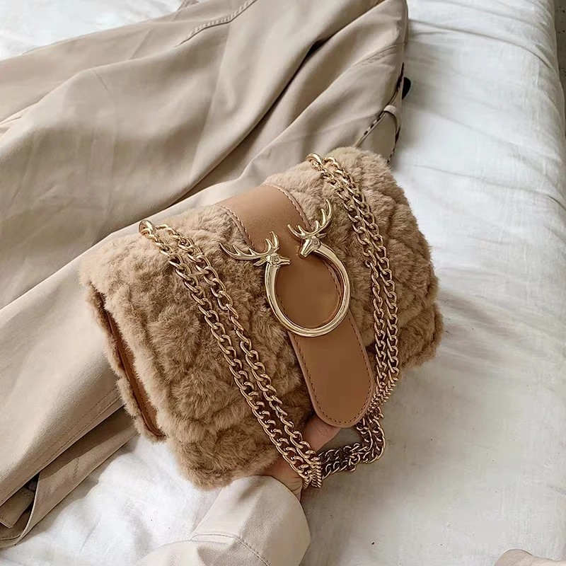 

Winter New Ladies Chain Shoulder Bag Fashion Diamond lattice Luxury Handbag Personality Deer Lock Designer Sweet Messenger Bags