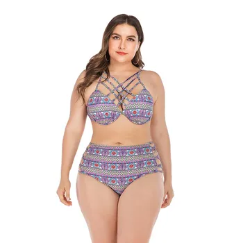 

Plus Size Bikini Set Women High Waist Swimwear Criss Cross Bandage Swimsuit 2019 Big Female Biquini Tribe Print Bathing Suit