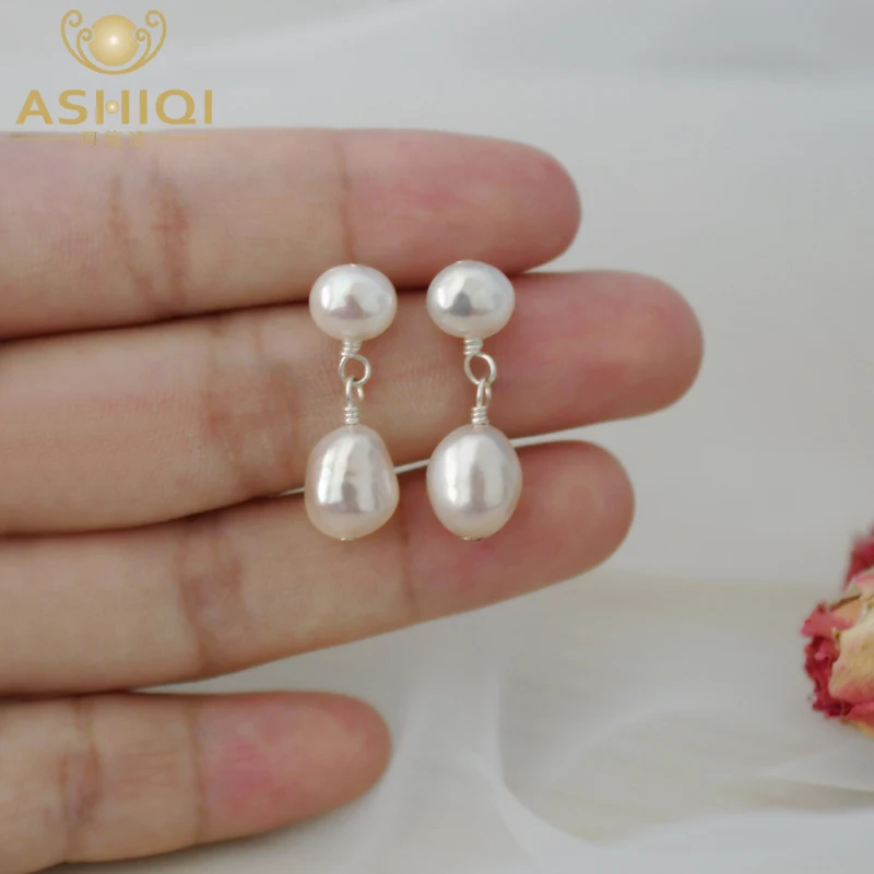 

ASHIQI 8-9mm White Baroque Double Pearl Drop Earrings for Women with 925 Sterling Silver Handmade wedding Jewelry Gift