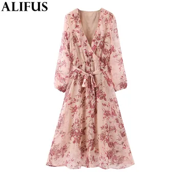 

Fashion Za Women Dress 2019 Vintage Floral Print Chic V Neck Long Sleeve Bow Tie Sashes A-line Maxi Dresses Female Vestidos