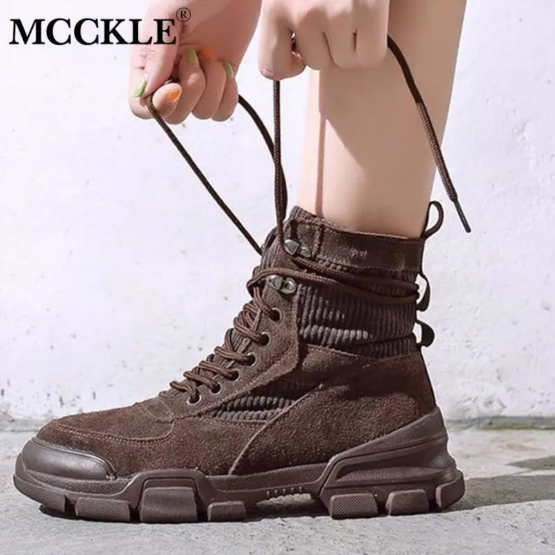 

MCCKLE Women Winter Lace Up Retro Ankle Boots Women's Platform Short Boots Ladies Sneaker Flock Charm Fashion Female Shoes Woman