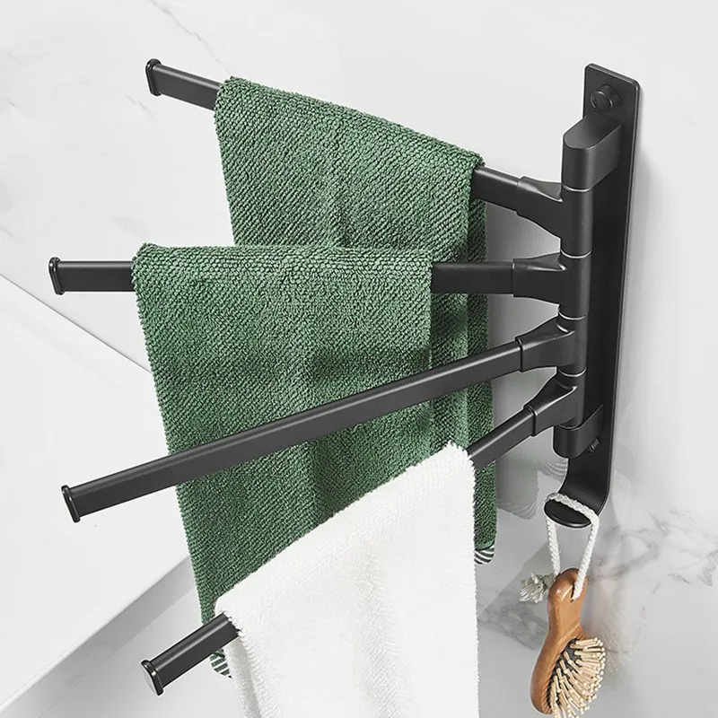 Nordic Towel Rack Black Rotating Towel Bar Space Aluminium Activity Rack Wall-hung Punching-free Bathroom Storage
