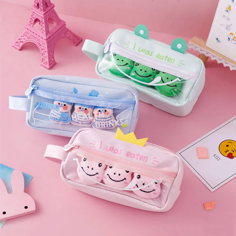 

Canvas PVC cute pencil case for kids kawaii large capacity pencil bag school supplies cartoon plush badge pencil box stationary