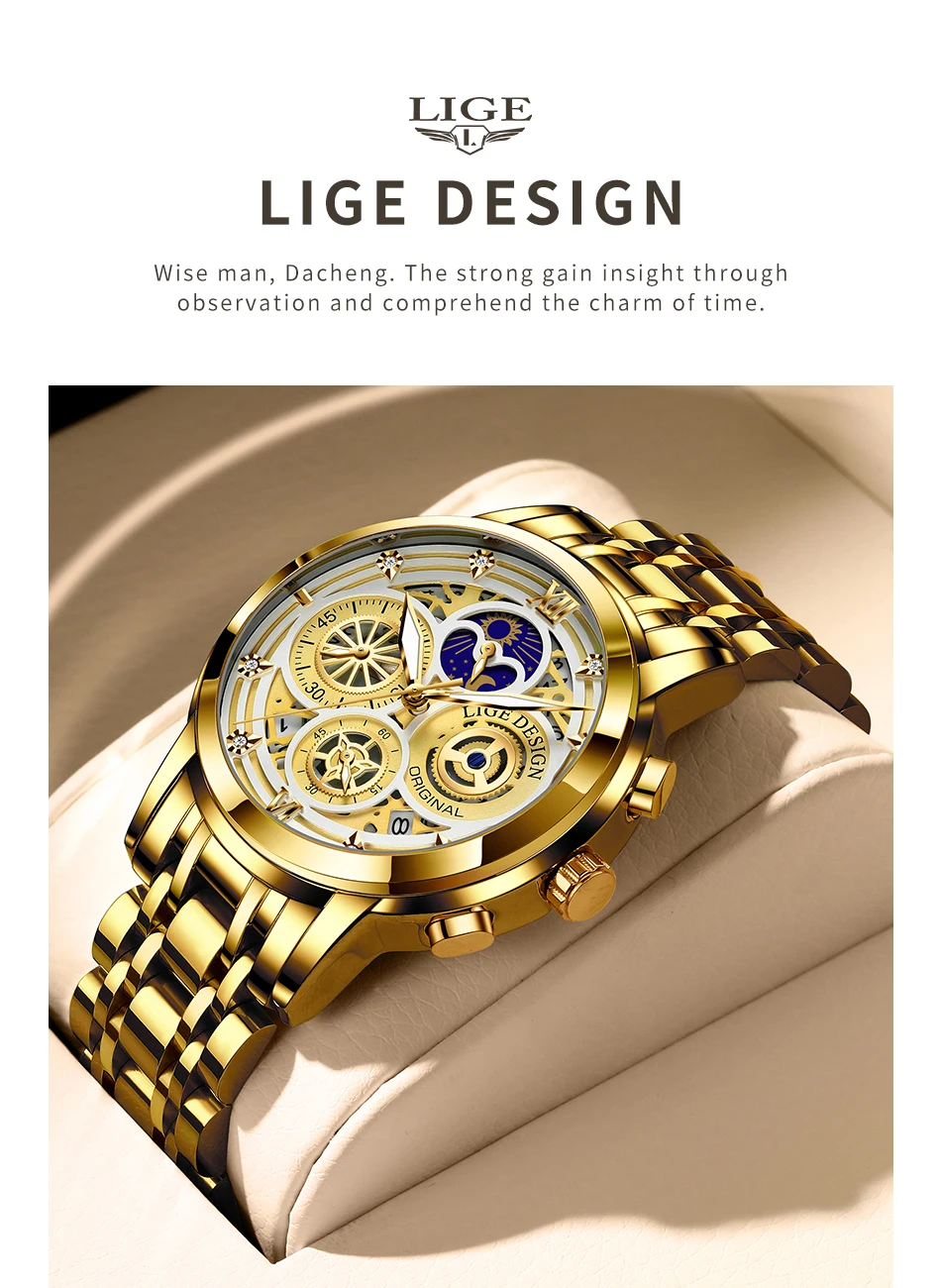 2021 New LIGE Sport Men Watch Top Brand Luxury Gold Stainless Steel Quartz Wrsit Watch Men Fashion Hollow Waterproof Chronograph