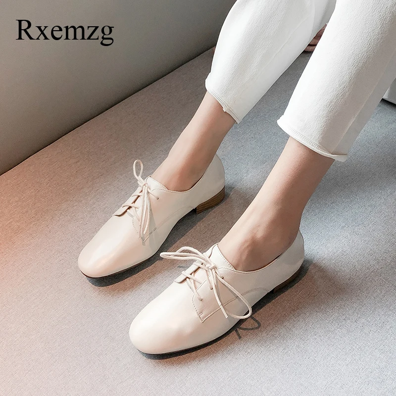 

Rxemzg genuine leather lace up low heels women casual shoes square heels women pumps with round toes summer ladies dress shoes