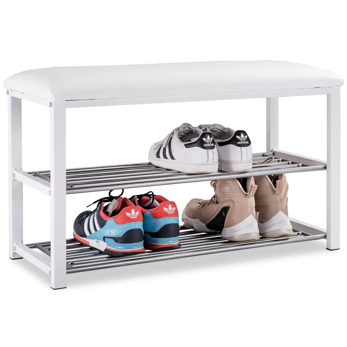 

Costway 2 Tier Shoe Rack Metal Bench Cushioned Soft Seat Stool Organizer Entryway