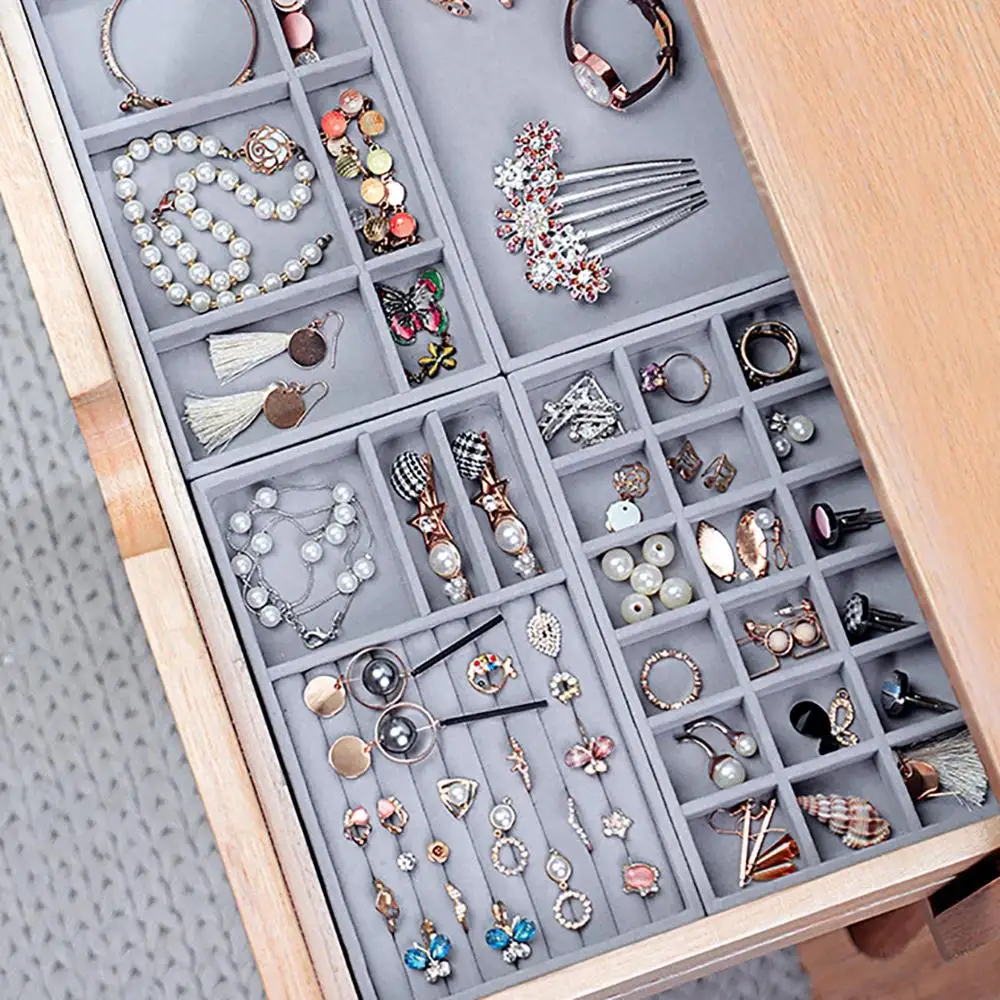 

Multi Grids Velvet Jewelry Trays Display Organizer Ring Earring Button Pendant Storage Showcase Bracelet Removable Tray