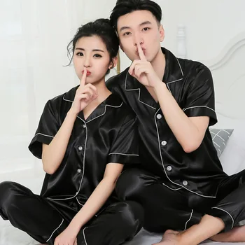 

Pajamas female black couple summer silk short-sleeved large size thin men's home service trousers spring and autumn pajamas set