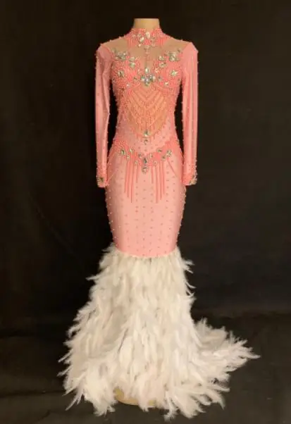 Dress Женские сексуальные блестящие стразы страуса перо платья Певица Костюм Сексуальная Вечеринка День рождения Одежда Авто шоу танец платье - Цвет: Dress