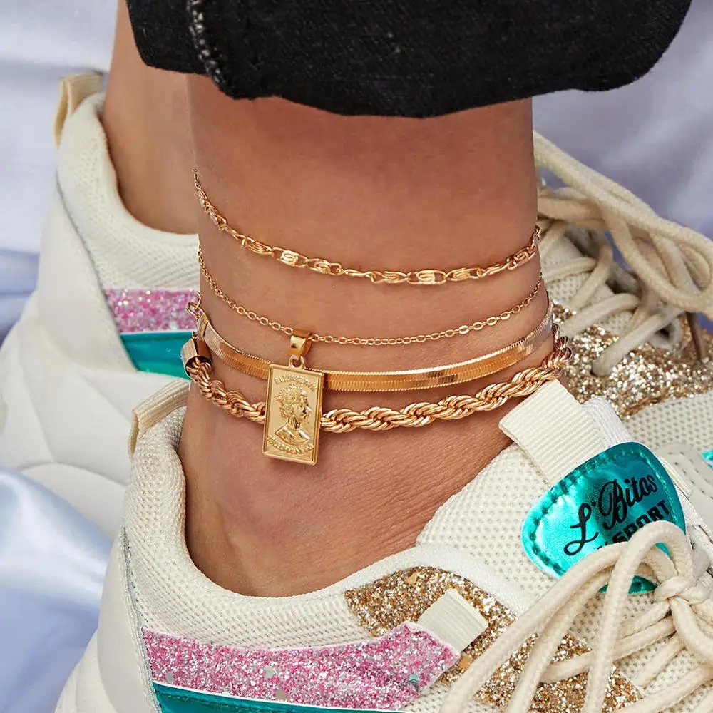 4 PCs/Set Anklet Hyperbole Anklet Gold Color On Foot Ankle Bracelets For Trendy Women Leg Jewelry Women Anklet Set Beach Chain 4 PCs/Set Anklet Hyperbole Anklet Gold Color On Foot Ankle Bracelets For Trendy Women Leg Jewelry Women Anklet Set Beach Chain