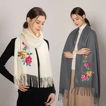 

Beach Shawl Floral Embroidery All seasons brushed wraps Female Knitted wool Scarf Shawl Long Travel Warm Napped Wrap headscarf