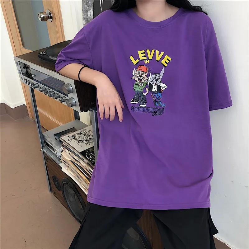 

2020 Summer Kawaii Sweet Korean Summer Vintage Cartoon Features Printing Loose T-Shirts For Women Tops Casual Tee Shirts Female