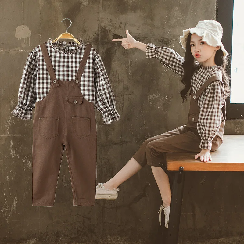 

Children 2020 Fashion Cute CHILDREN'S Suit Girls Spring Clothing Big Boy Plaid Suspender Pants Two-Piece Set