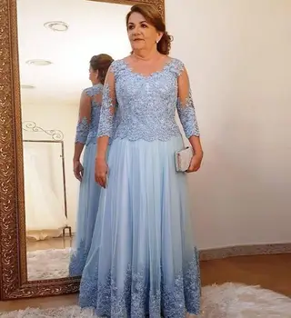 

Plus Size Mother Of The Bride Dresses A-line Long Sleeves Tulle Appliques Lace Beaded Groom Long Mother Dresses For Wedding