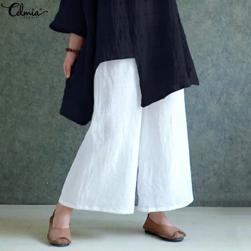 

Women Wide Leg Pants Celmia 2019 Summer Casual Baggy Long Trouser Turnip Palazzo Elastic Waist Vintage Harem Pants Plus Size 5XL