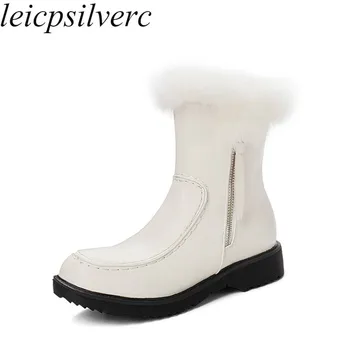

Women's Boots Autumn and Winter Snow Boots In The Low Heel Leather Rabbit Fur Round Toe 2019 Pu New Sexy Fashion White Plush