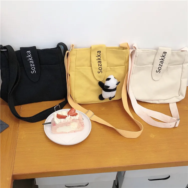 

diagonal cross bag female embroidery little panda cute canvas shoulder bag literary small fresh student shoulder Casual Tote