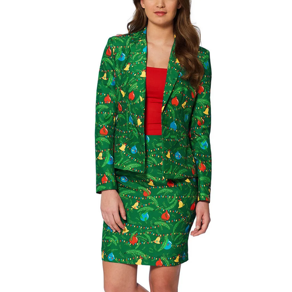 Женская модная Рождественская юбка, костюм с принтом, отложной воротник, пуговица, длинный рукав, юбка, костюм, Tailleur Femme Jupe Et Veste - Цвет: A