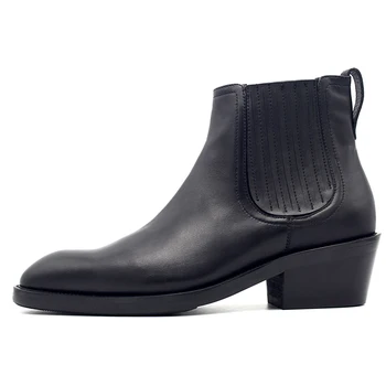 

Winter 6cm High Heel Cowboy Work Boots Men Shoes Three Zipper Designer Pointed Toe Genuine Leather Increased Ankle Boots Black